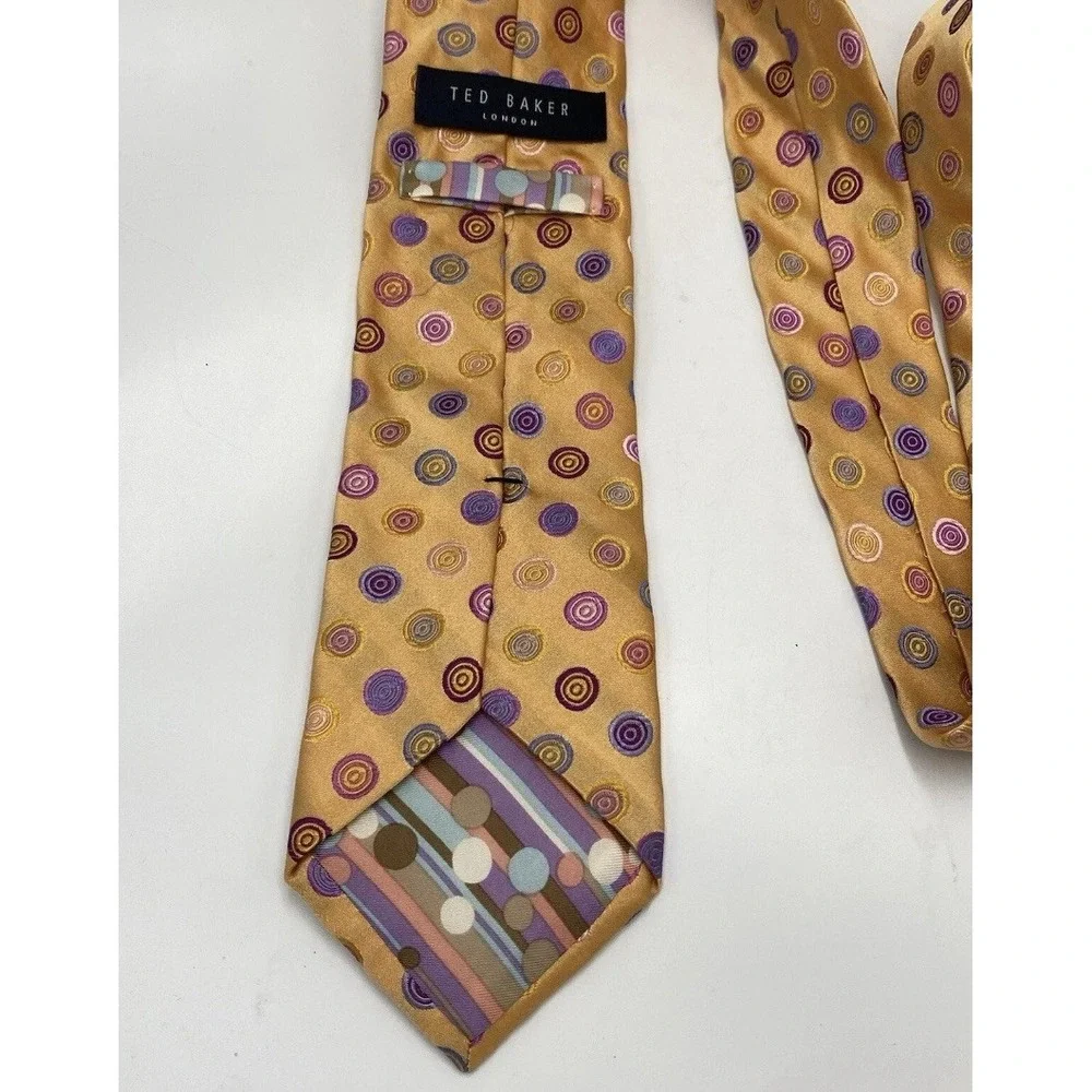 Ted Baker Mens 100% Silk Woven Neck Tie Yellow Orange‎ Multicolor Circles